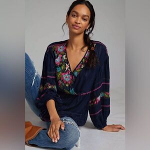 Anthropologie Embroidered Surplice Tunic Blouse Size Small